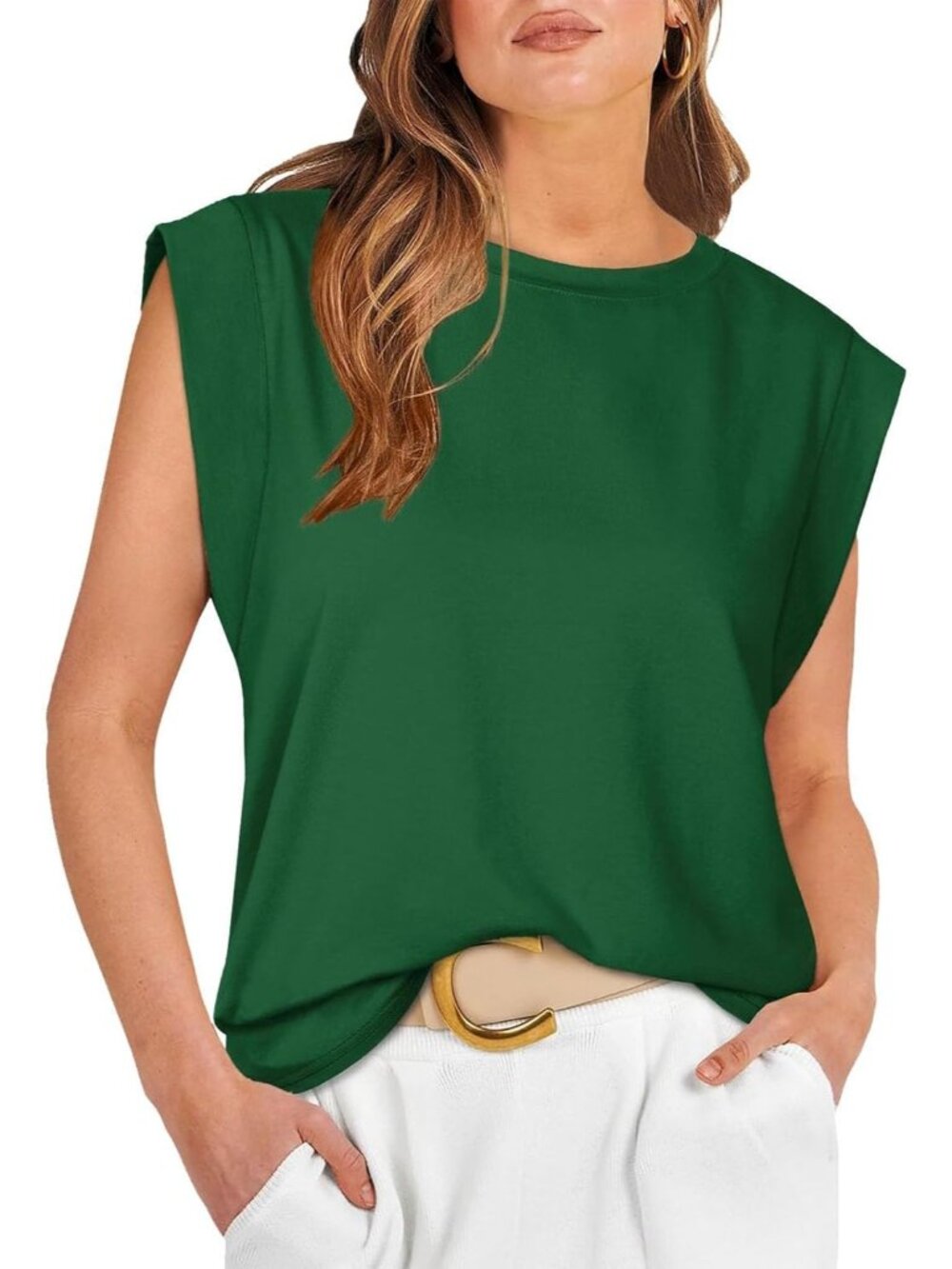 Women's Green Pull On Cap Sleeve Tank Tops Sleeve Striped Business Basic Shirts